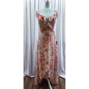 Lulus Floral Maxi Wrap Dress Pink Orange Ruffle High Low  Womens Size M